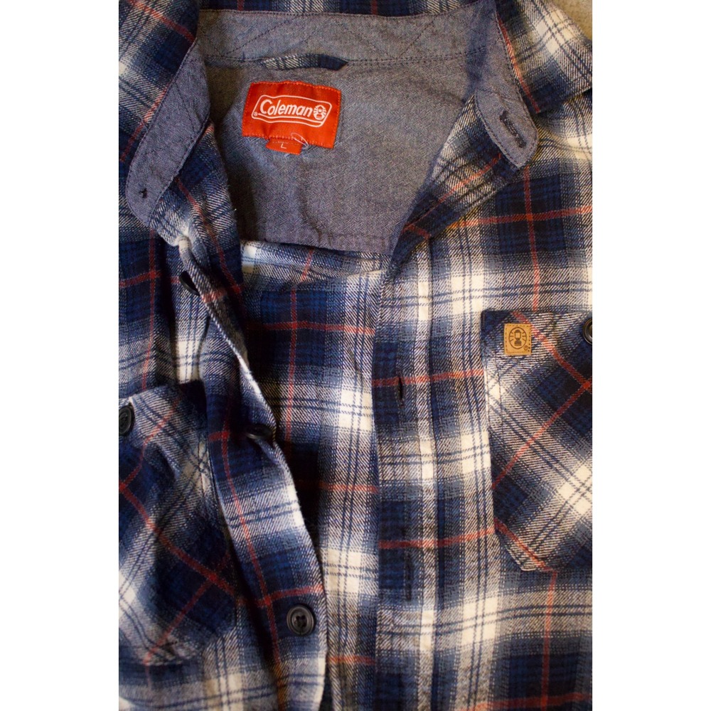 Coleman Mens Blue Plaid Flannel Button Down Shirt Long Sleeve Large Outdoor - Picture 4 of 4